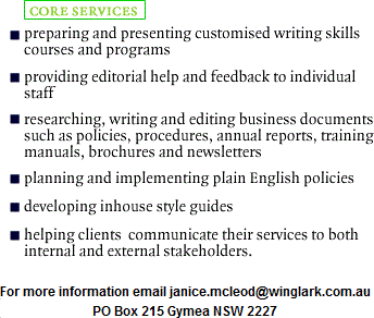 Core Services: customised writing skills; editorial help; researching planning and implementing plain English policies.
email; janice.mcmeod@winglark.com.au  PO Boc 215 Gymea NSW 2227